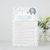 Blue Elephant raad wie Baby shower game Briefpapier (Staand voorkant)