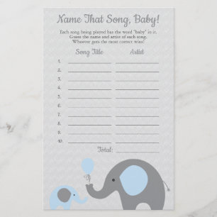 Blue Elephant raadt het Baby Song Baby shower Game Flyer