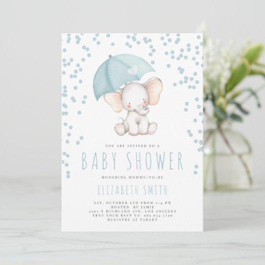 Blue Elephant Rain Sprinkle Boy Baby shower Kaart (Staand voorkant)