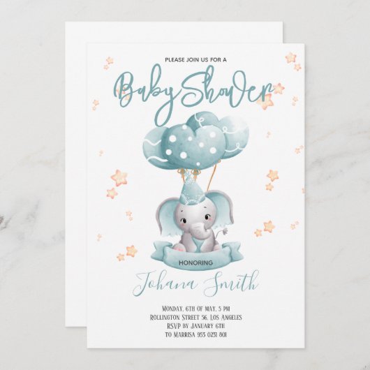Blue Elephant Waterverf Baby shower Kaart (Voorkant / Achterkant)