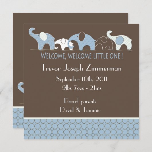 Blue Elephants Baby Faire-part (Devant / Derrière)