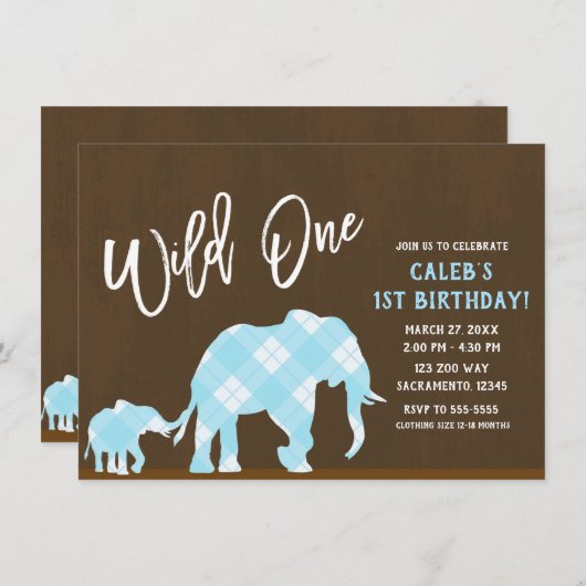 Blue Elephants Brown Modern WILD one 1ST Birthday Kaart (Voorkant / Achterkant)