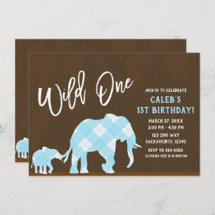 Blue Elephants Brown Modern WILD one 1ST Birthday Kaart