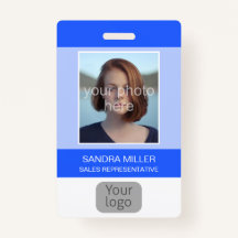 Blue, Employee Photo, Logo, Bar Code, Name,