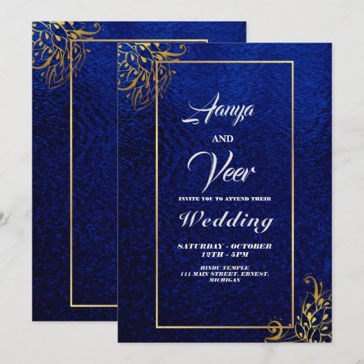 BLUE en Gold Peacock Indian Wedding Invitation Kaart (Voorkant / Achterkant)