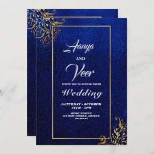 BLUE en Gold Peacock Indian Wedding Invitation Kaart