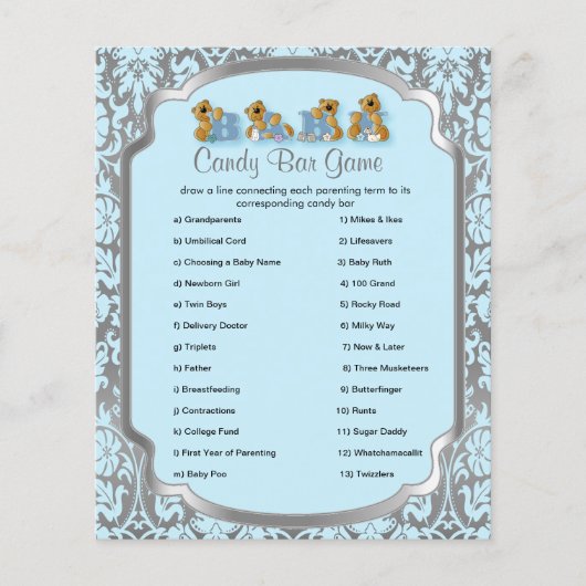 Blue en Silver Damask Teddy Bears - Snoep Game Flyer (Voorkant)