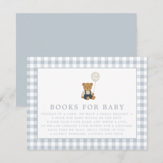 Blue En vichy Teddy Bear Books pour carte bébé (Devant / Derrière)