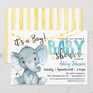 Blue en Yellow Boy Elephan Baby shower Uitnodiging