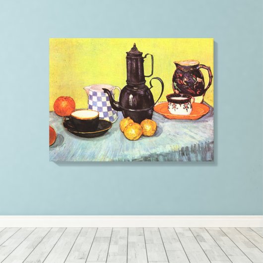 Blue Enamel Coffeepot van Vincent van Gogh Canvas Afdruk (Insitu (Houten vloer))