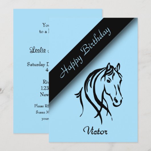 Blue Equine Birthday Party Invitation Kaart (Voorkant / Achterkant)