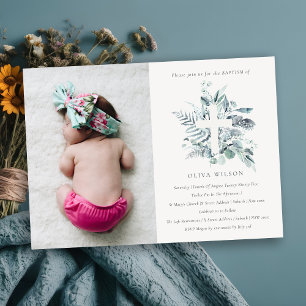 Blue Eucalyptus Fauna Cross Foto Baptisme Invite Bedankkaart