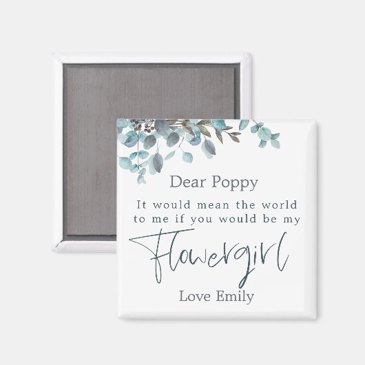 Blue Eucalyptus Leaf Script Bloemenmeisje Request Magneet (Voorkant / Achterkant)