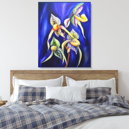 Blue Exotic Tropical Orchids Lady Slipper Canvas Afdruk (Insitu (Slaapkamer))