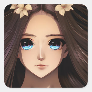 Blue Eyed Brunette Anime Meisje Vierkante Sticker