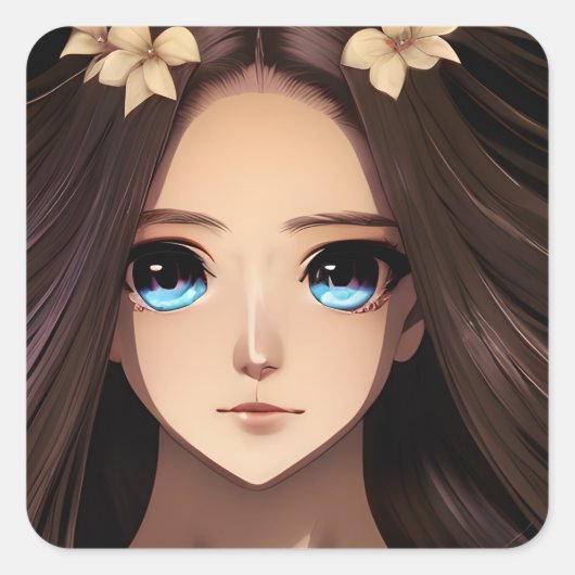 Blue Eyed Brunette Anime Meisje Vierkante Sticker (Voorkant)