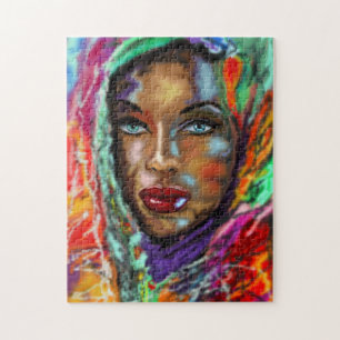Blue Eyed Girl in Colorful Scarf Jigzaag Puzzle Legpuzzel
