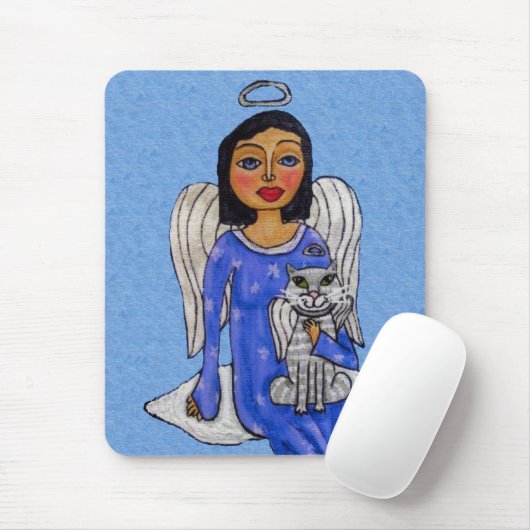 Blue Eyes Angel Holding Cat op Cloud Muismat (Met muis)
