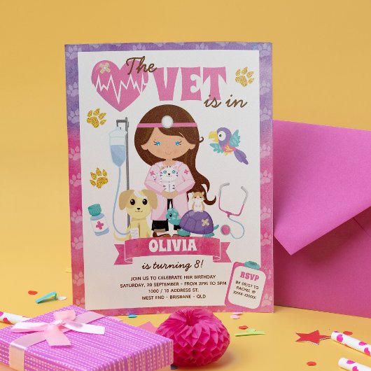 Blue Eyes Brown Hair Girl Vet Birthday Party Kaart
