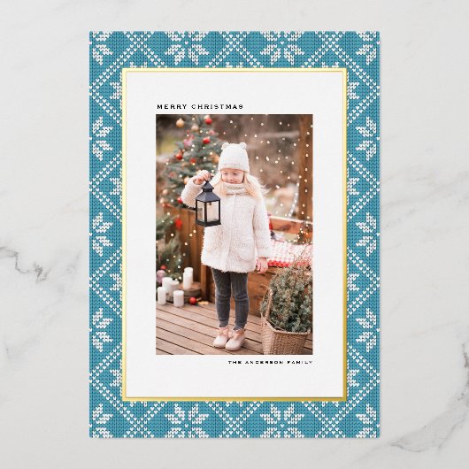 Blue Fair Isle Knit Patroon Foto van Kerstmis Folie Feestdagenkaart (Voorkant)