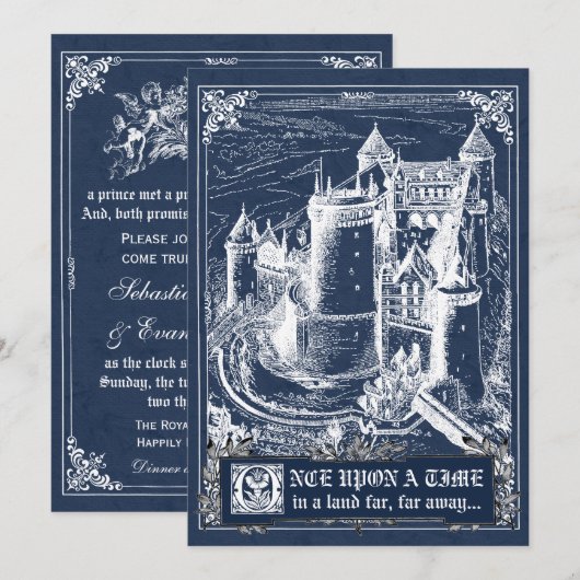 Blue Fairytale Storybook Wedding Invites Kaart (Voorkant / Achterkant)