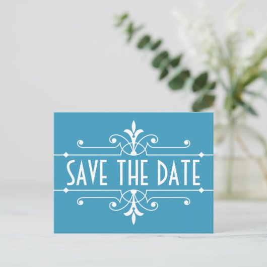 Blue Fancy Ornamental Enregistrer la date Carte po (Debout devant)