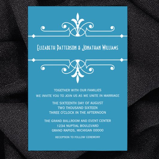 Blue Fancy Ornamental Wedding Invite Kaart