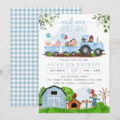 Blue Farm Barnyard Animaux Anniversaire Invitation (Devant / Derrière)