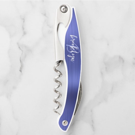 Blue Faux Brushed Metal Monogram Script Kurkentrekker (Voorkant)