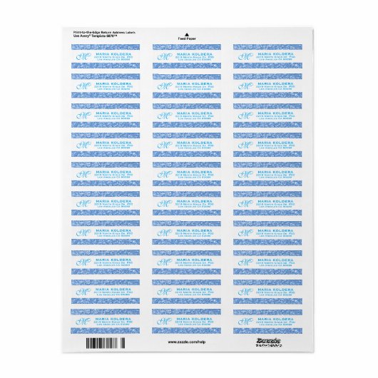 Blue Faux Glitter Custom Monogram Etiket (Full Sheet)
