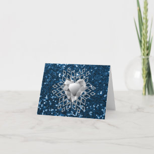 Blue Faux Glitter Diamond Heart Snowflake Feestdagen Kaart