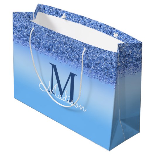 Blue Faux Glitter Monogram Elegant Groot Cadeauzakje (Achterkant Gekanteld)