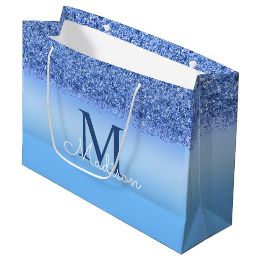 Blue Faux Glitter Monogram Elegant Groot Cadeauzakje (Voorkant Gekanteld)