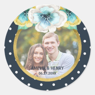 Blue, Faux Gold, Waterverf Floral Wedding Photo Ronde Sticker