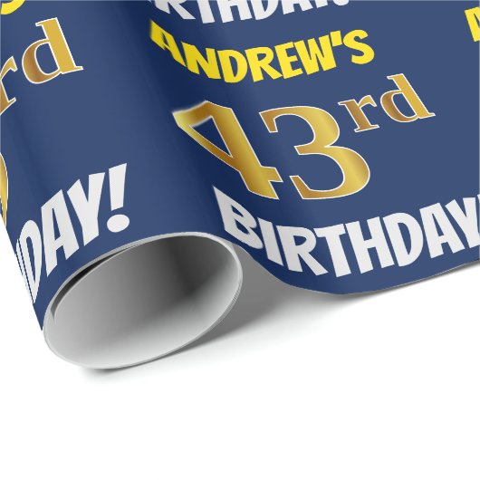 Blue, Faux/Imitation Gold, "43rd BIRTHDAY" Cadeaupapier (Rol Hoek)