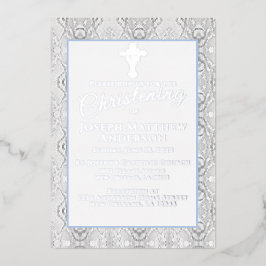 Blue Faux Lace Baptism/Christening Folie Uitnodiging