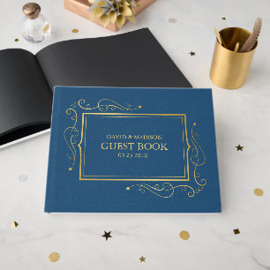 Blue Faux Leather Gold Lijst Guest Book 2 Gastenboek