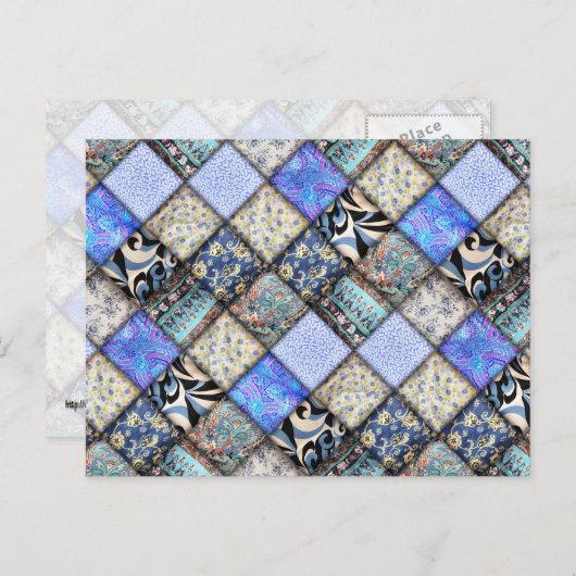 Blue Faux Patchwork Quilting Pattern Briefkaart (Voorkant / Achterkant)