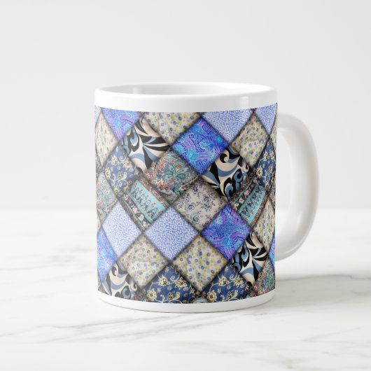 Blue Faux Patchwork Quilting Pattern Extra Grote Beker (Voorkant rechts)