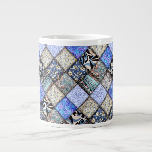 Blue Faux Patchwork Quilting Pattern Extra Grote Beker (Voorkant)