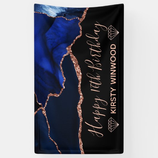 Blue & Faux Roos Gold Glitter Agate Sweet 16 Spandoek (Verticaal)