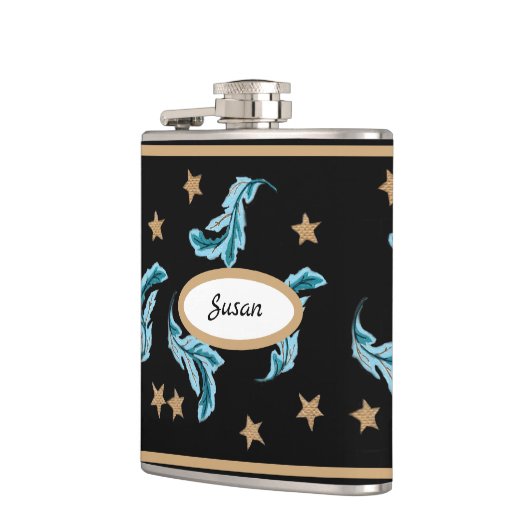 Blue Feathers en Gold Stars Boho Style op Black Heupfles (Links)