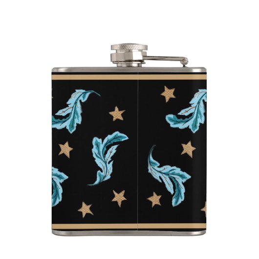 Blue Feathers en Gold Stars Boho Style op Black Heupfles (Achterkant)