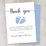 Blue Feet Baby Boy Douche Carte de remerciements<br><div class="desc">Carte de remerciements mignonne pour votre bébé garçon douche avec "merci!" dans un script élégant avec des swashes et une aquarelle bleue des pieds bébé. En dessous,  vous pouvez facilement personnaliser votre message de remerciement ou laisser vide pour une note manuscrite.</div>