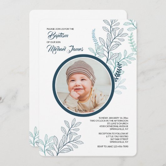 Blue Ferns Photo Invitation (Devant / Derrière)