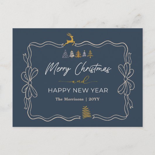 Blue : Festive Bow & Tree Doodles Carte postale de (Devant)