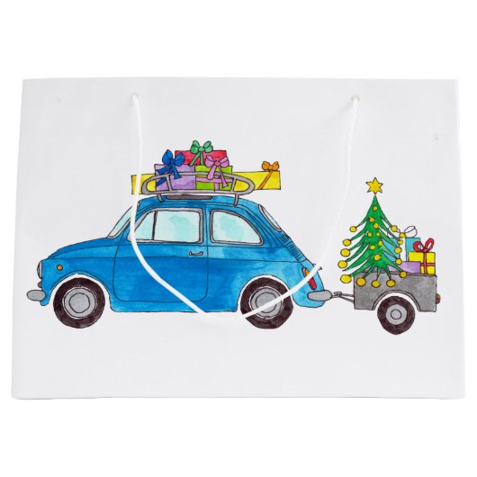 Blue Fiat 500 met Waterverf met kerstcadeaus Groot Cadeauzakje (Voorkant)