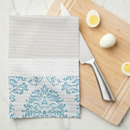 Blue Filigree Damask Kitchen Dish Towel Theedoek (Quarter Fold)