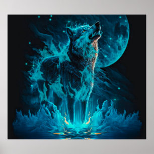 Blue Fire Wolf Poster