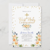 Blue First Holy Communion Gold invitation floral (Devant)